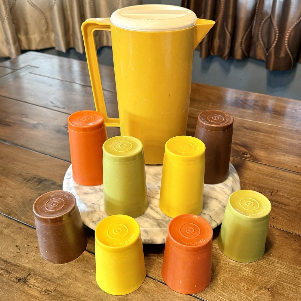 10pc VTG 70s MCM Autumn Fall Harvest Tupperware Cups & Rubbermaid Pitcher Lid